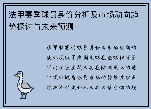 法甲赛季球员身价分析及市场动向趋势探讨与未来预测