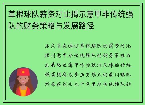 草根球队薪资对比揭示意甲非传统强队的财务策略与发展路径