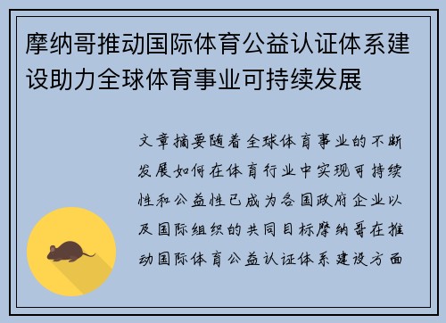 摩纳哥推动国际体育公益认证体系建设助力全球体育事业可持续发展