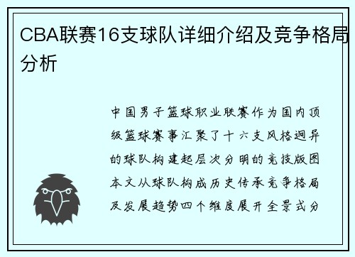 CBA联赛16支球队详细介绍及竞争格局分析