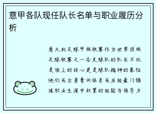 意甲各队现任队长名单与职业履历分析