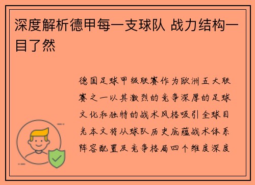 深度解析德甲每一支球队 战力结构一目了然